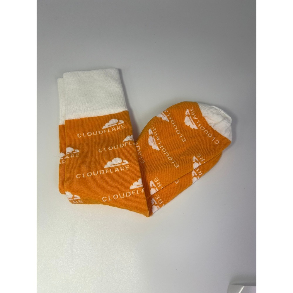 Cloudflare Tech Swag Crew Socks Orange White Logo Print Knit Dress Socks